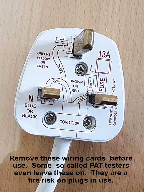 PAT Test - Plug wiring / safety card not removed - fire risk hazard